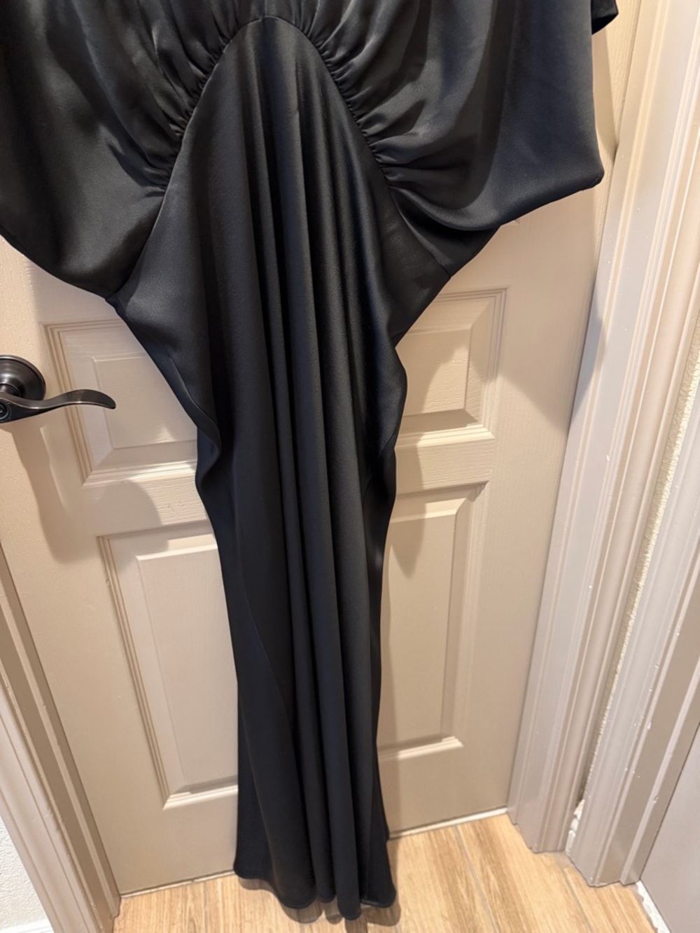 BHLDN Black Satin V-Neck Draped Midi Dress - Picture 3 of 7